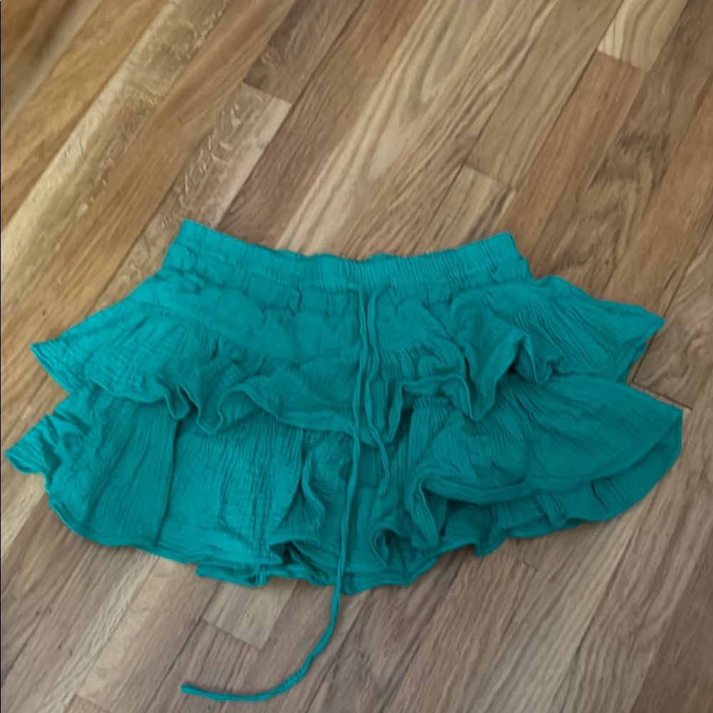 Green Bubble Mini Skirt with Ruffled Tie Front